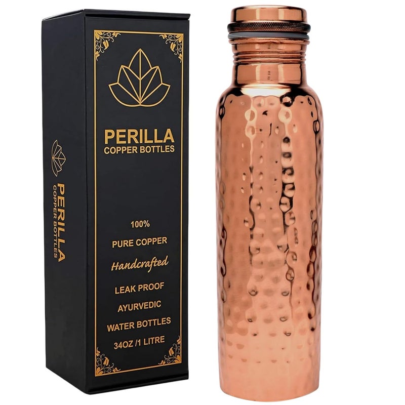 Perilla Home Pure Copper Water Bottle 34 Oz Leak Proof 100% Pure - Ayurvedic Copper Vessel - Drink More Water And Enjoy The Health Benefits Immediately - For Gym, Yoga Bottle (Hammered) - Image 1